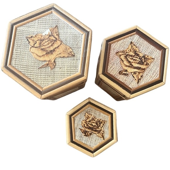 Vintage Bamboo Nesting Trinket Hexagon Jewelry Boxes Roses Retro Boho - Picture 1 of 9